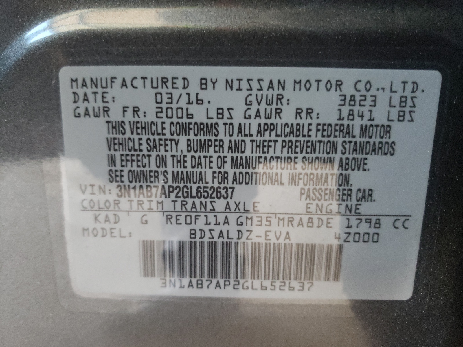 Photo 10 from auction – 2016 NISSAN SENTRA S with VIN 3N1AB7AP2GL652637