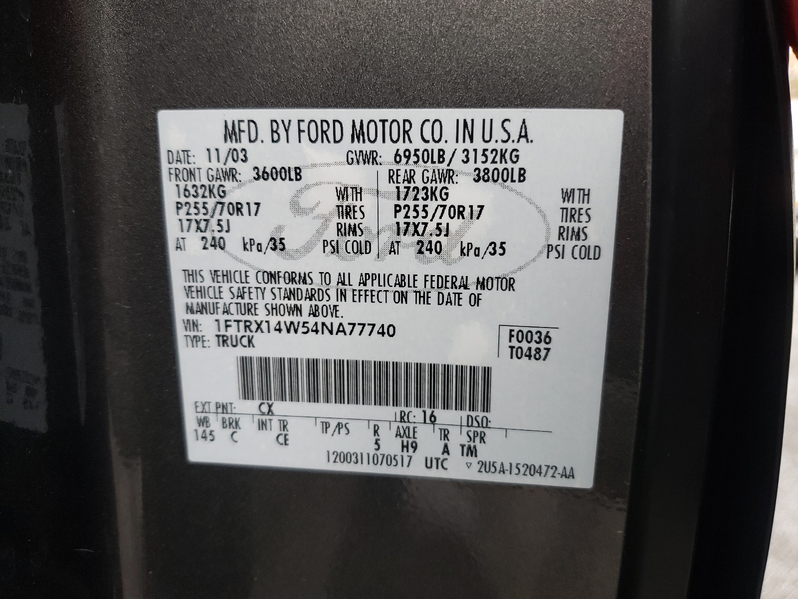 Photo 10 from auction – 2004 FORD F150 with VIN 1FTRX14W54NA77740