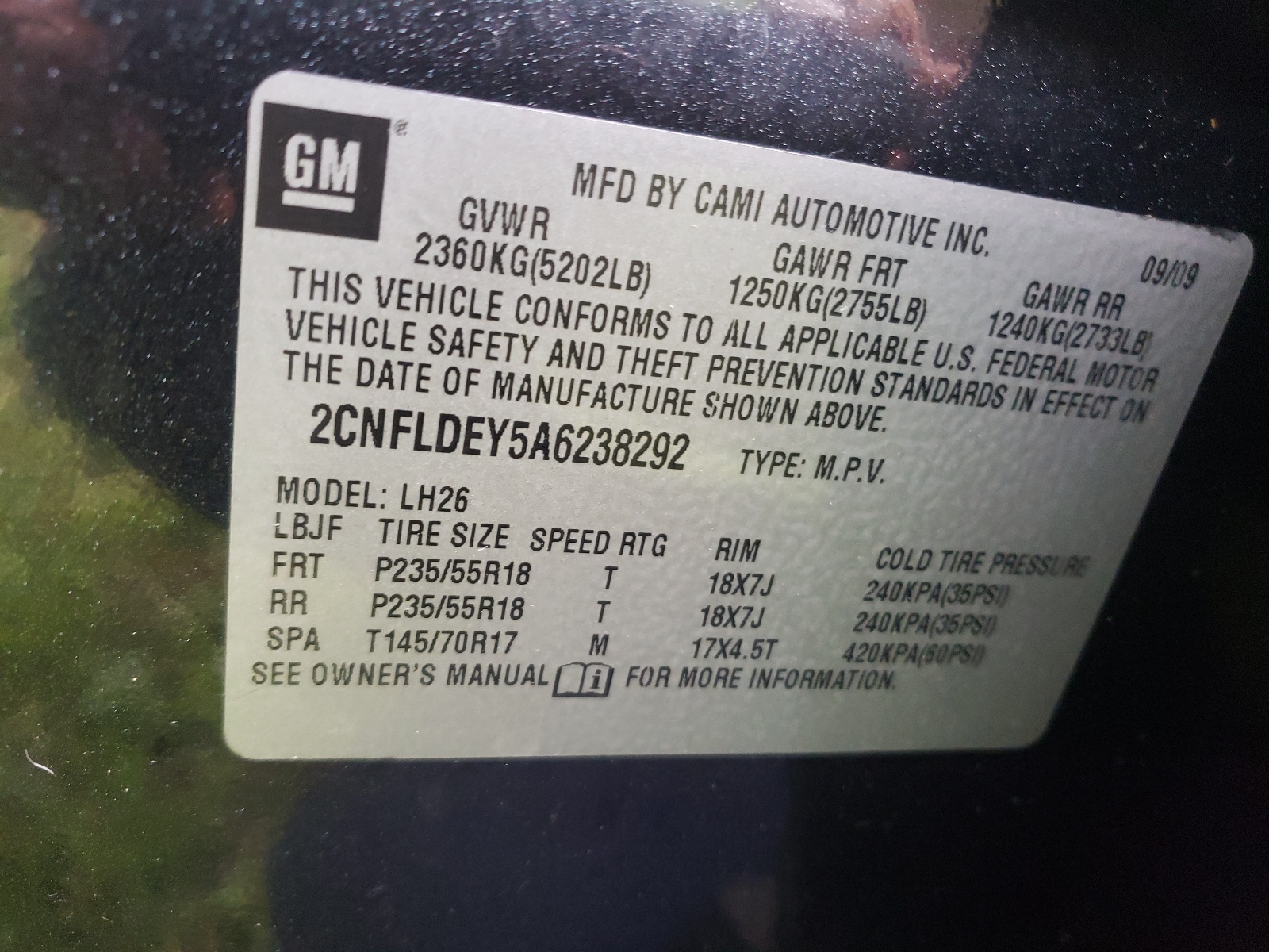 Photo 10 from auction – 2010 CHEVROLET EQUINOX LT with VIN 2CNFLDEY5A6238292