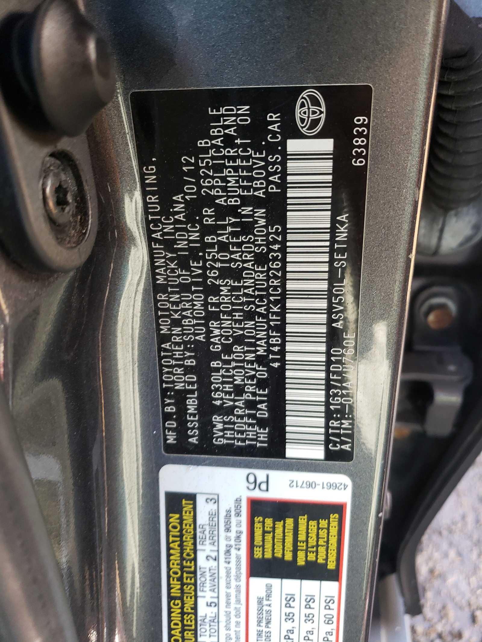 Photo 10 from auction – 2012 TOYOTA CAMRY BASE with VIN 4T4BF1FK1CR263425