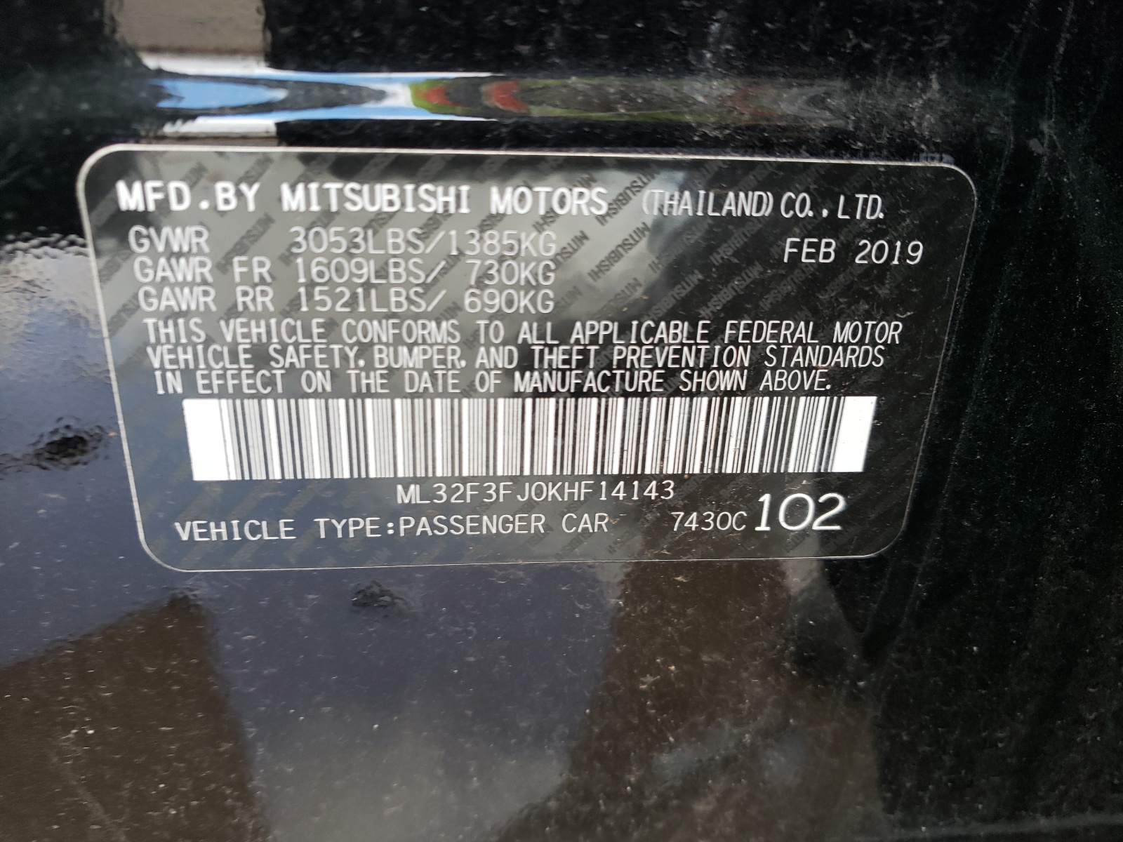 Photo 10 from auction – 2019 MITSUBISHI MIRAGE G4 with VIN ML32F3FJ0KHF14143