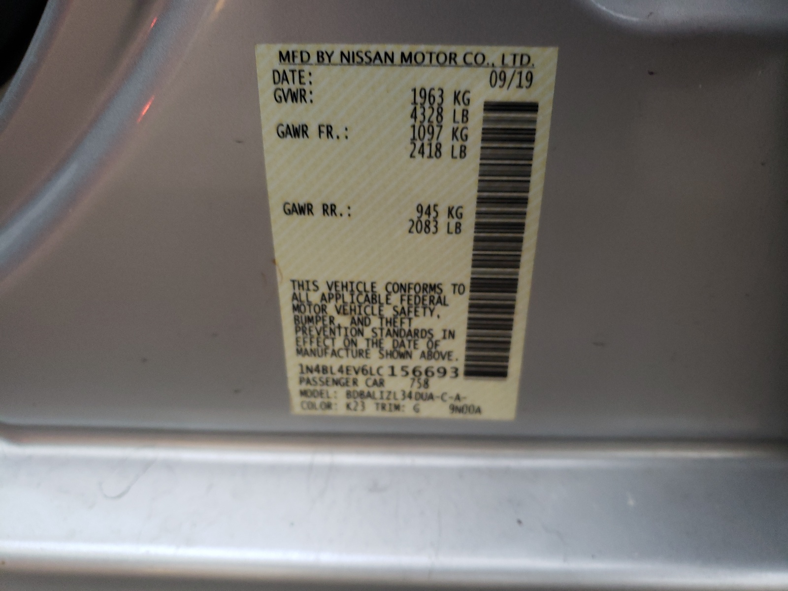 Photo 10 from auction – 2020 NISSAN ALTIMA SL with VIN 1N4BL4EV6LC156693