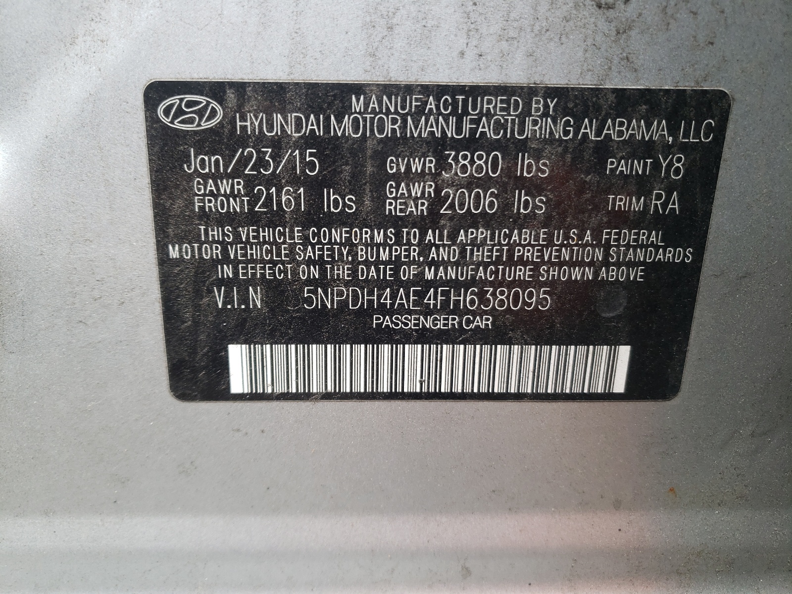 Photo 10 from auction – 2015 HYUNDAI ELANTRA SE with VIN 5NPDH4AE4FH638095