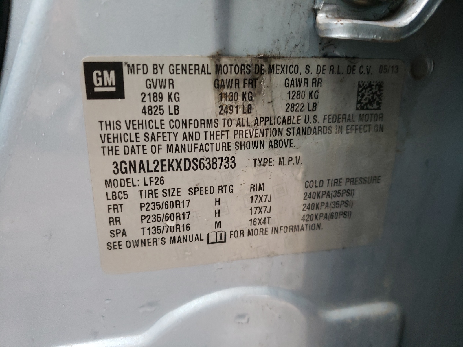 Photo 10 from auction – 2013 CHEVROLET CAPTIVA LS with VIN 3GNAL2EKXDS638733