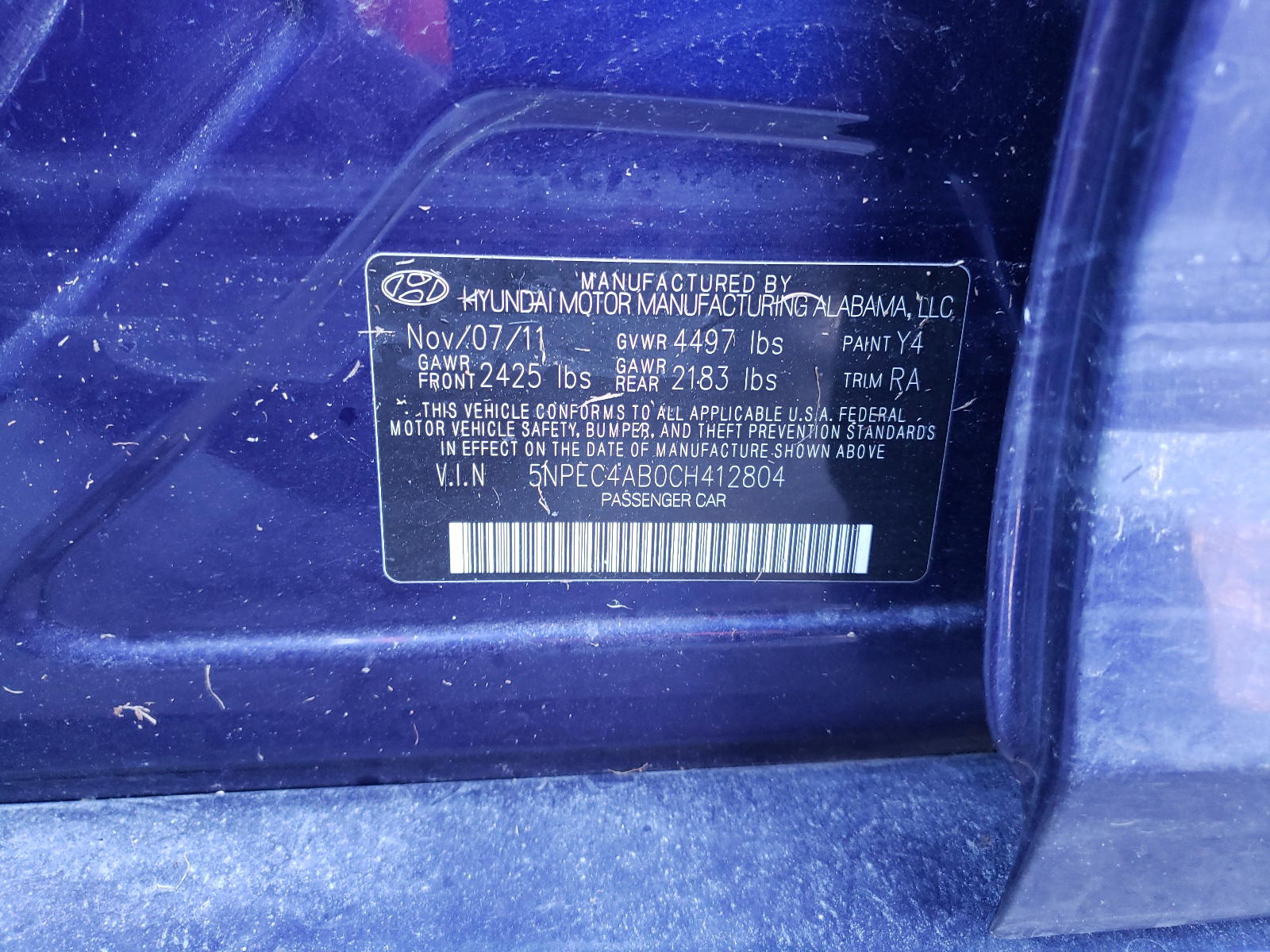 Photo 10 from auction – 2012 HYUNDAI SONATA SE with VIN 5NPEC4AB0CH412804
