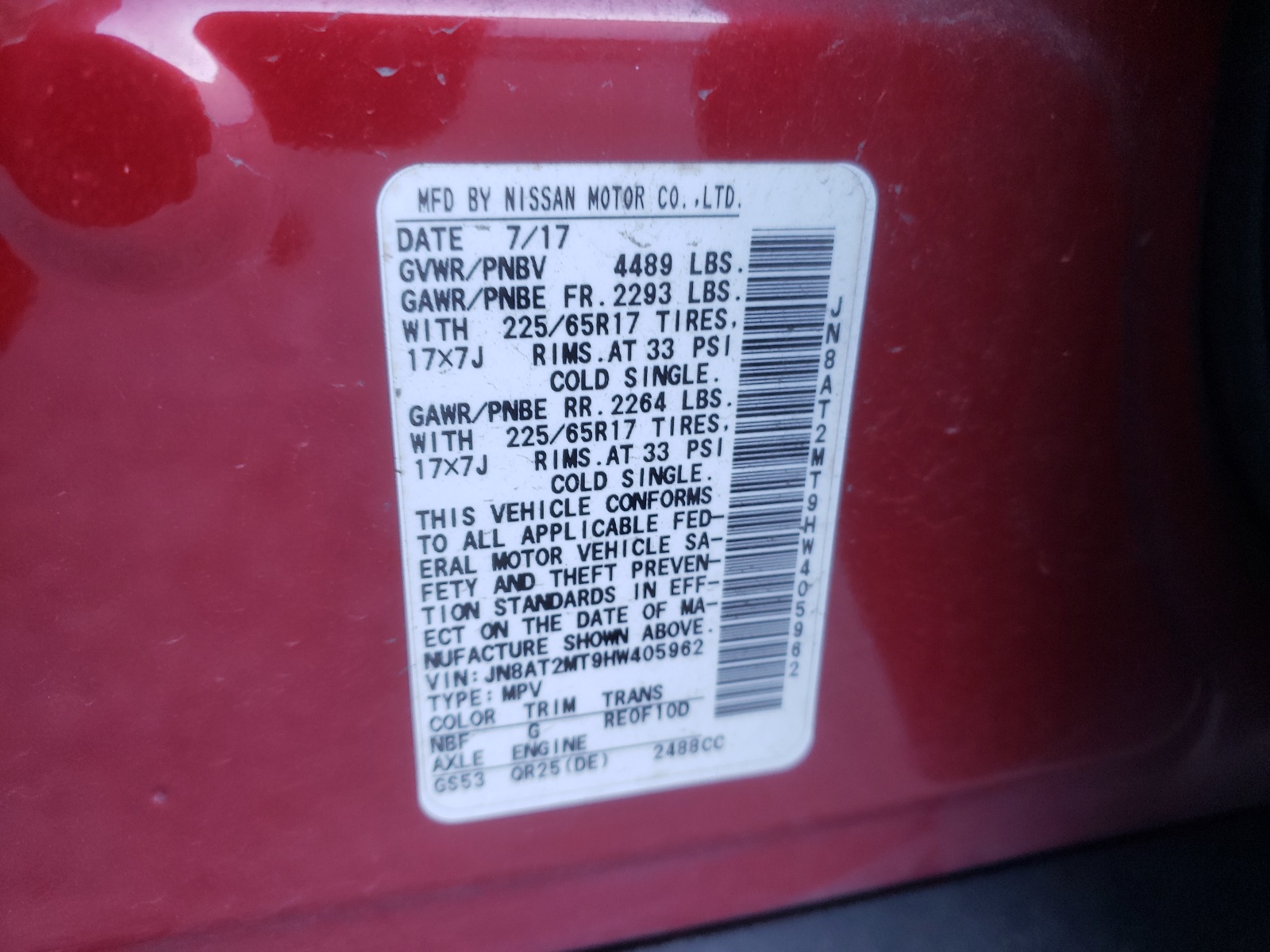 Photo 10 from auction – 2017 NISSAN ROGUE S with VIN JN8AT2MT9HW405962
