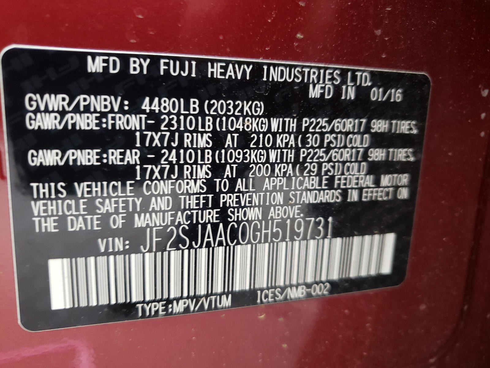 Photo 10 from auction – 2016 SUBARU FORESTER 2 with VIN JF2SJAAC0GH519731