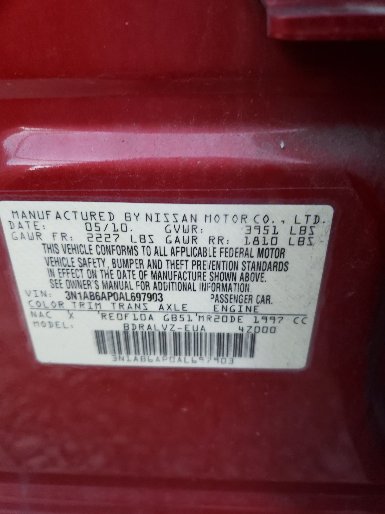 Photo 10 from auction – 2010 NISSAN SENTRA 2.0 with VIN 3N1AB6AP0AL697903