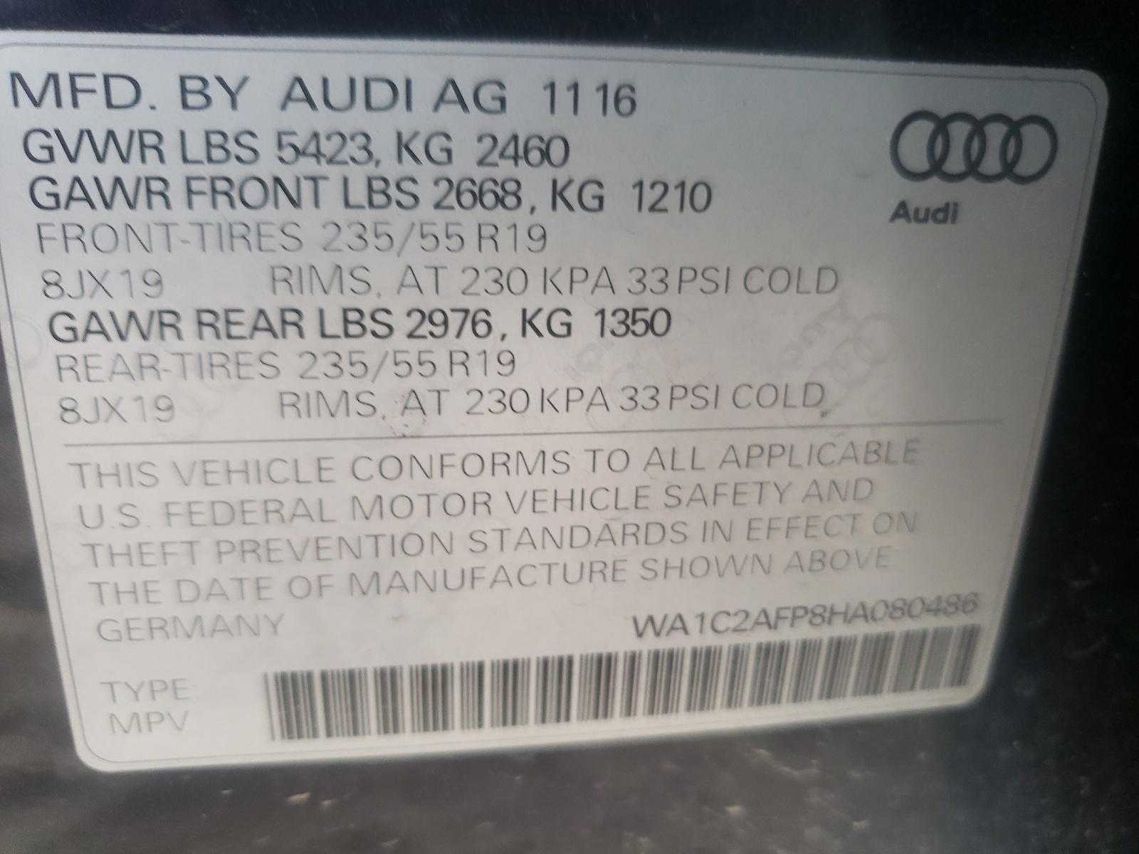 Photo 10 from auction – 2017 AUDI Q5 PREMIUM with VIN WA1C2AFP8HA080486
