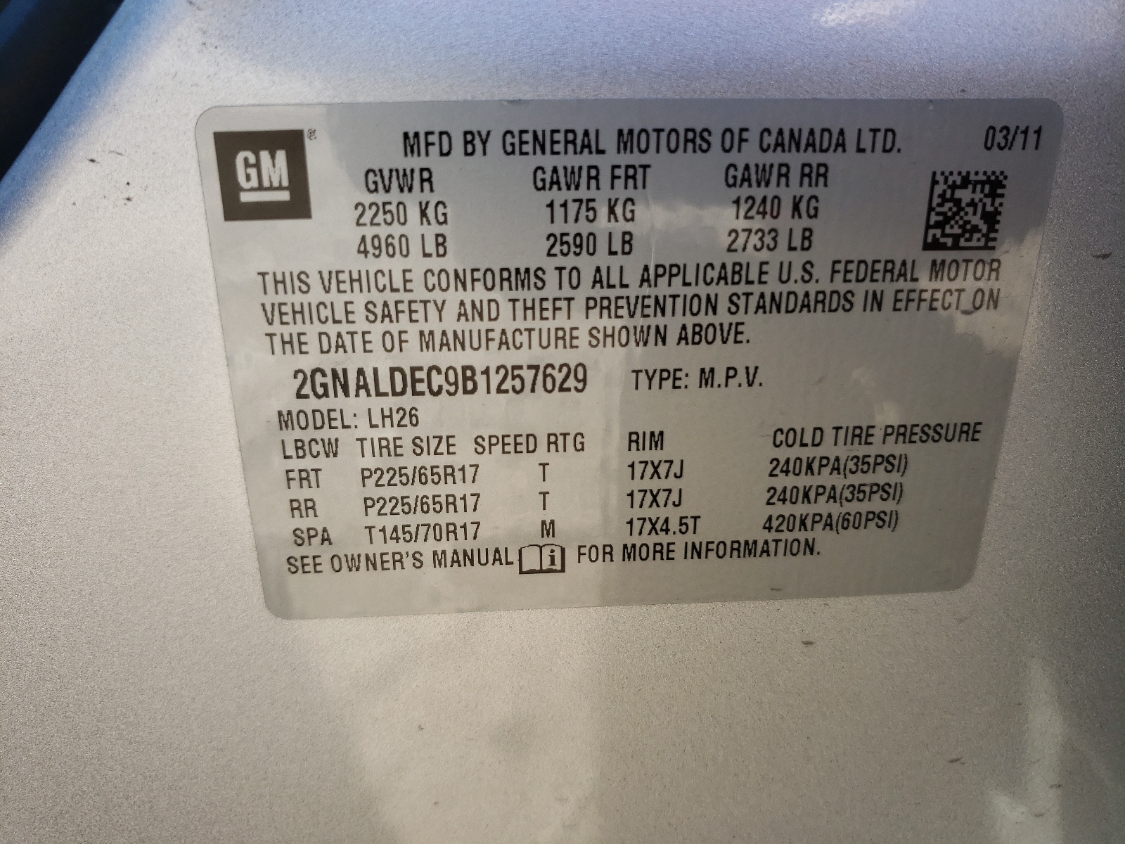 Photo 10 from auction – 2011 CHEVROLET EQUINOX LT with VIN 2GNALDEC9B1257629
