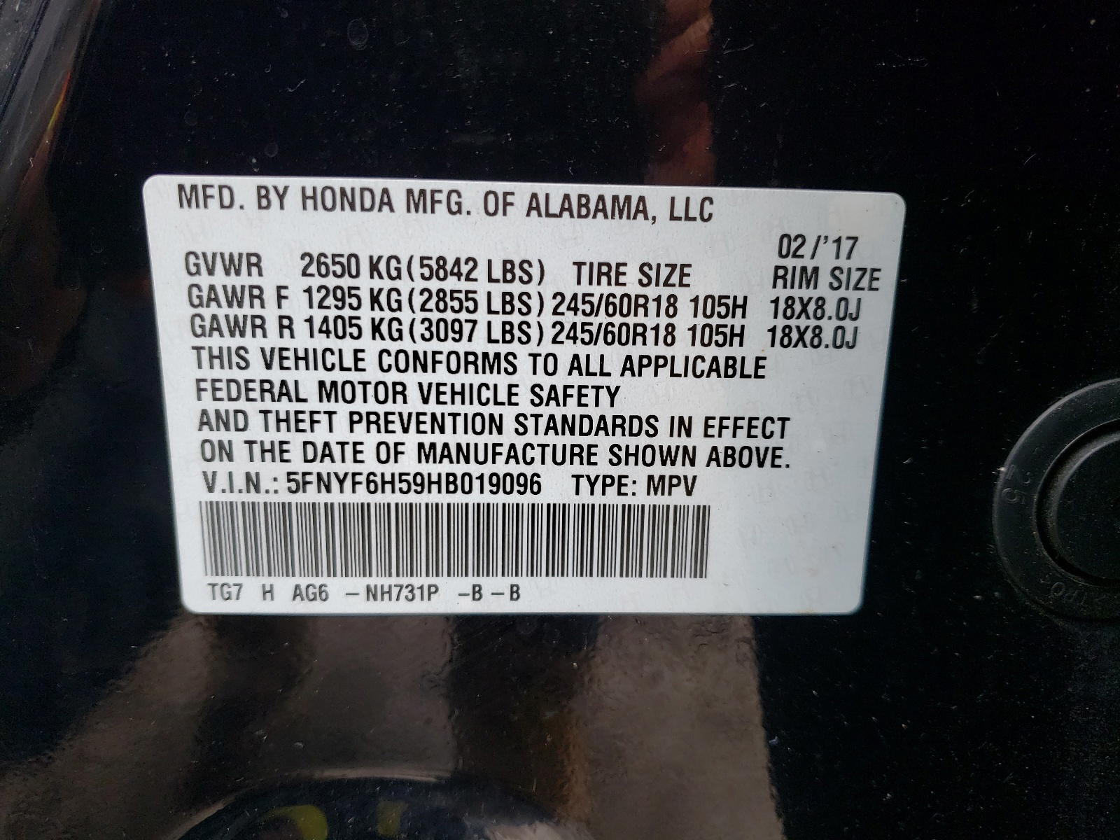 Photo 10 from auction – 2017 HONDA PILOT EXL with VIN 5FNYF6H59HB019096