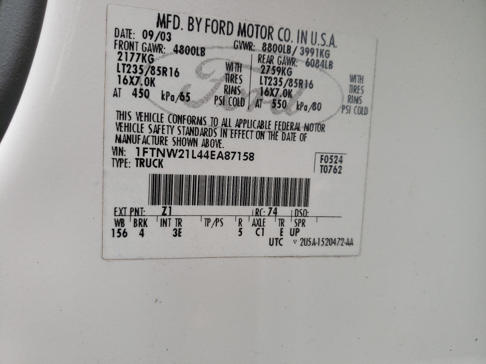 Photo 10 from auction – 2004 FORD F250 SUPER with VIN 1FTNW21L44EA87158