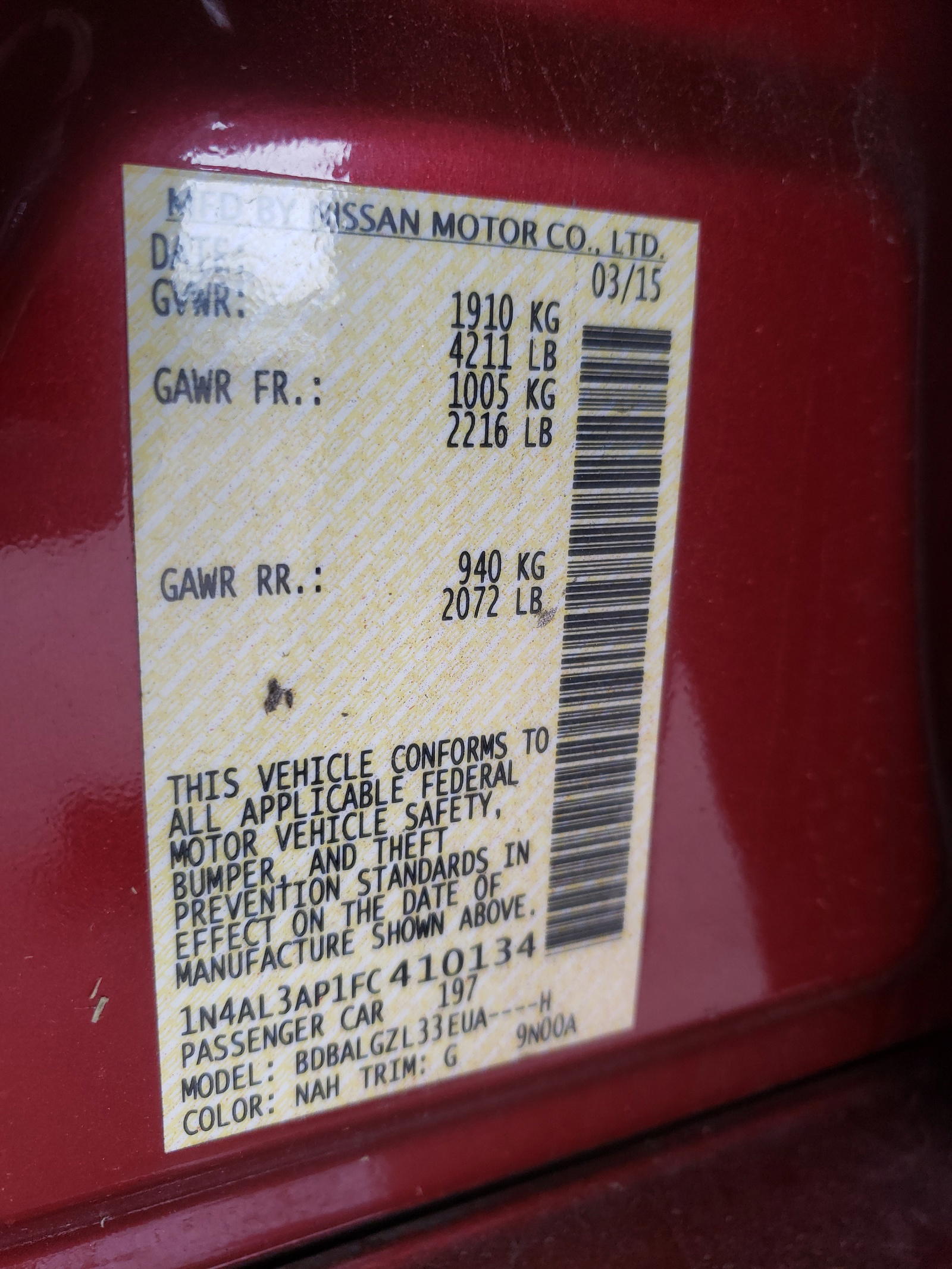Photo 10 from auction – 2015 NISSAN ALTIMA 2.5 with VIN 1N4AL3AP1FC410134