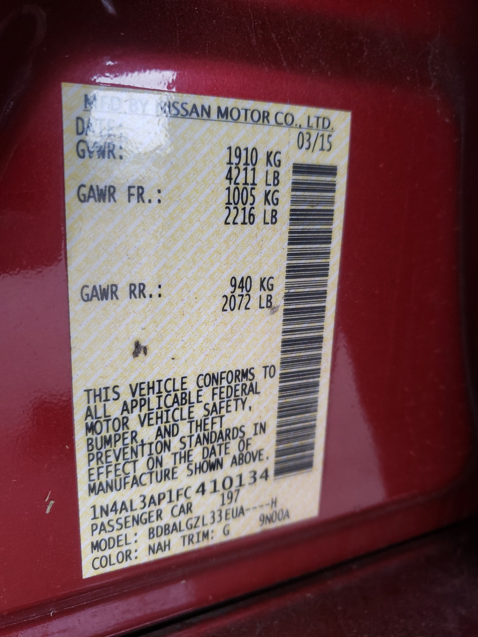 Фото 10 с аукциона – 2015 NISSAN ALTIMA 2.5 с VIN 1N4AL3AP1FC410134
