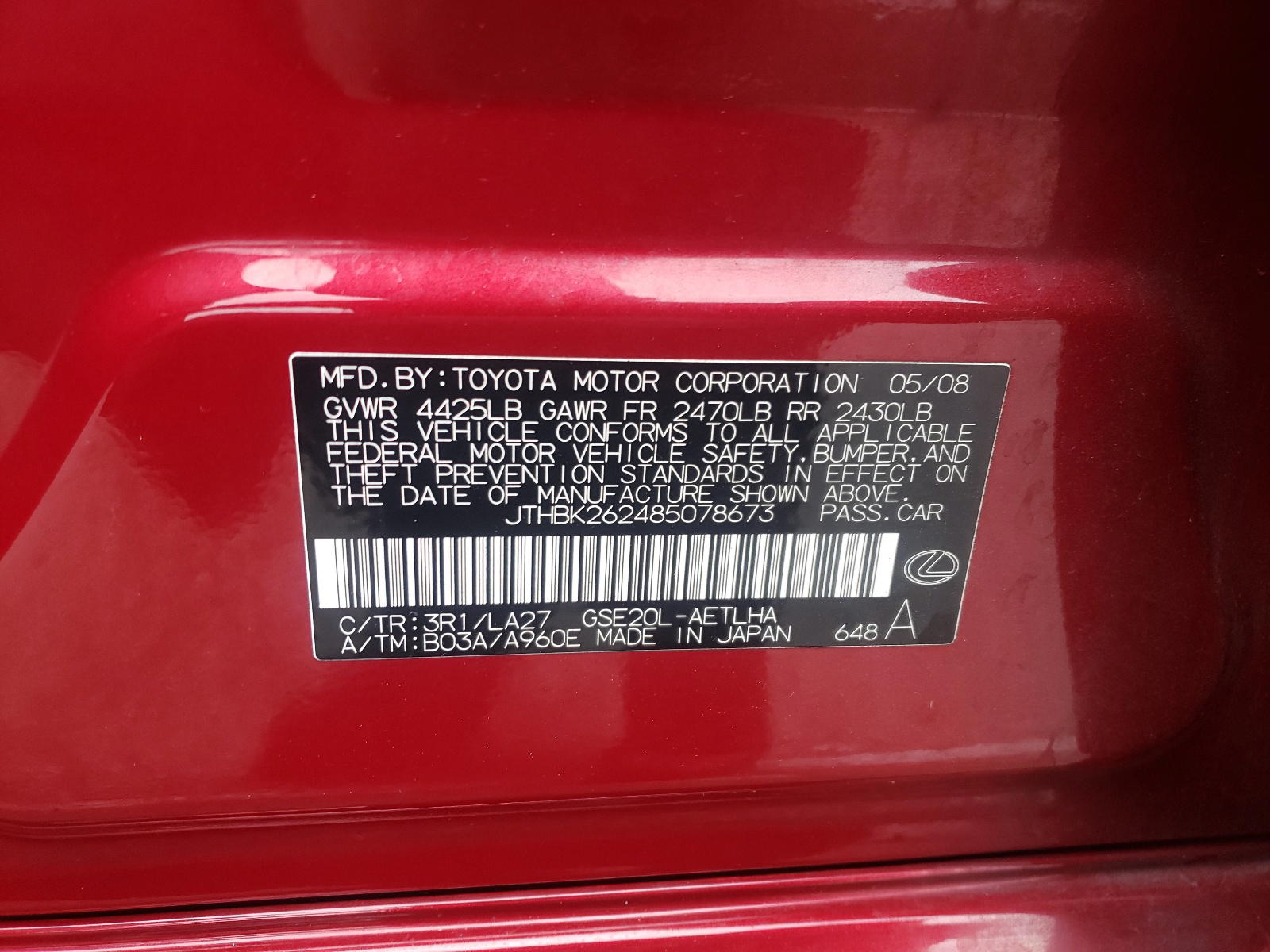 Photo 10 from auction – 2008 LEXUS IS 250 with VIN JTHBK262485078673