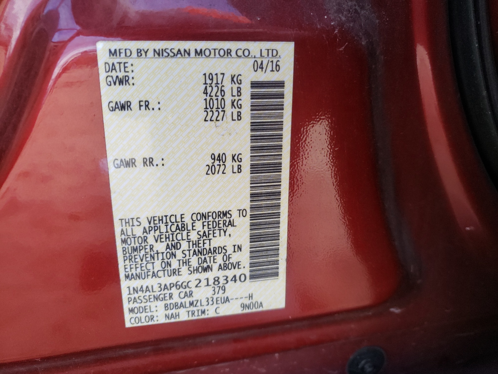 Photo 10 from auction – 2016 NISSAN ALTIMA 2.5 with VIN 1N4AL3AP6GC218340