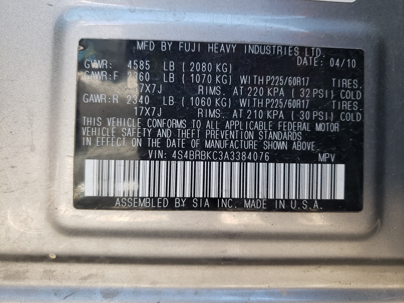 Снимка 10 от търг – 2010 SUBARU OUTBACK 2. с VIN 4S4BRBKC3A3384076