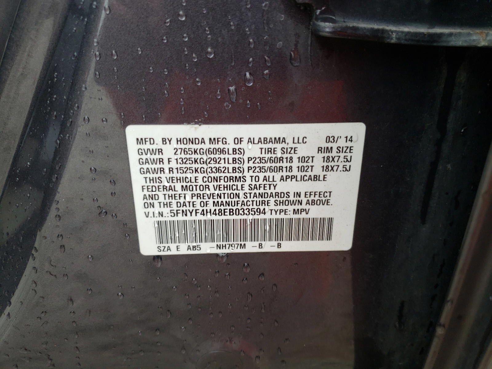 Photo 10 from auction – 2014 HONDA PILOT EX with VIN 5FNYF4H48EB033594
