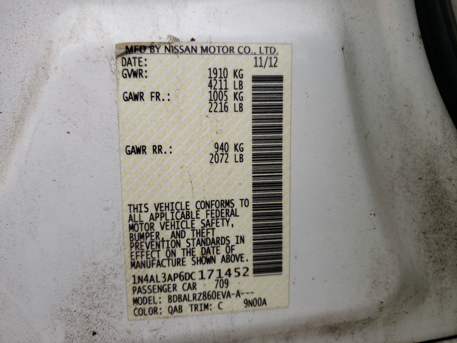 Photo 10 from auction – 2013 NISSAN ALTIMA 2.5 with VIN 1N4AL3AP6DC171452