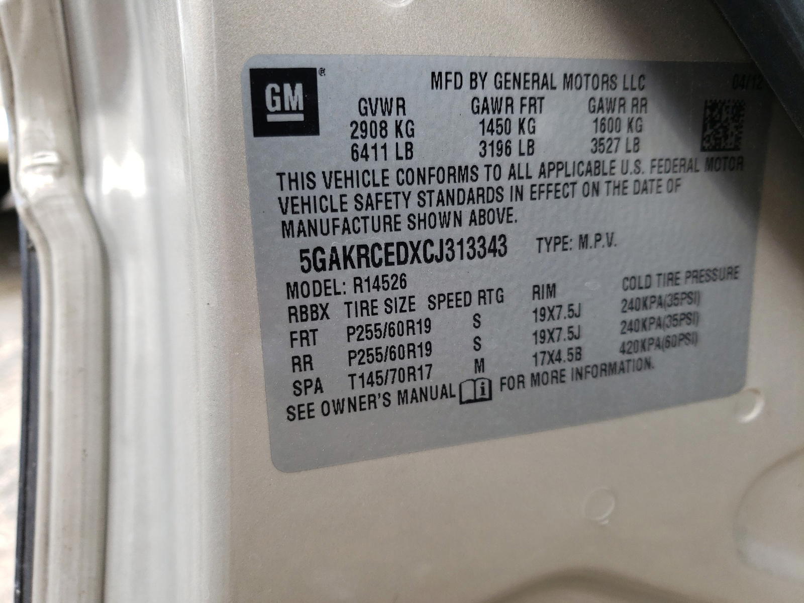 Photo 10 from auction – 2012 BUICK ENCLAVE with VIN 5GAKRCEDXCJ313343