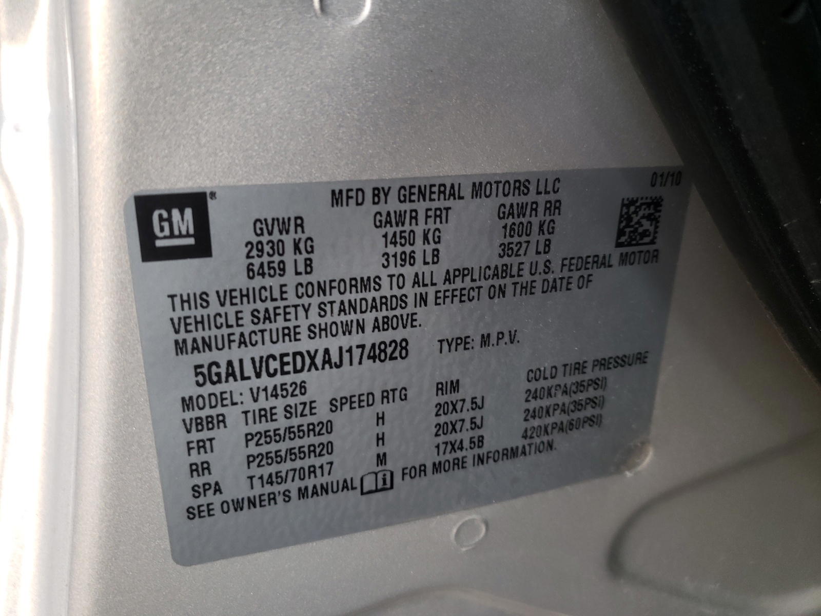 Photo 10 from auction – 2010 BUICK ENCLAVE CX with VIN 5GALVCEDXAJ174828