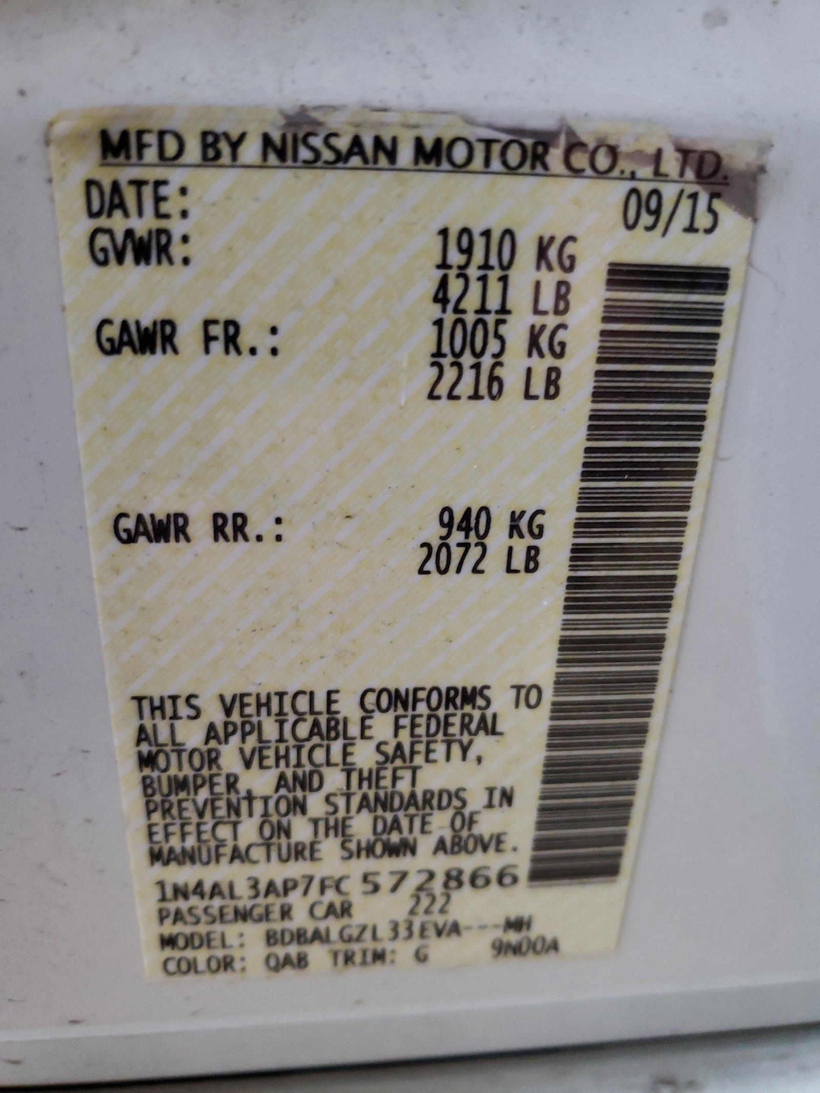 Photo 10 from auction – 2015 NISSAN ALTIMA with VIN 1N4AL3AP7FC572866