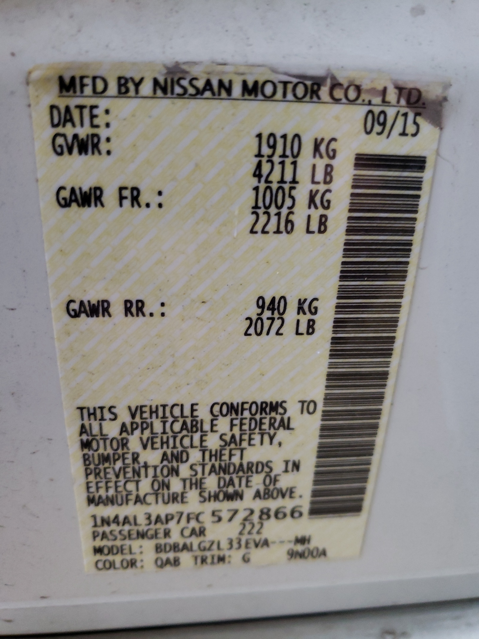 Zdjęcie 10 z aukcji – 2015 NISSAN ALTIMA z VIN 1N4AL3AP7FC572866
