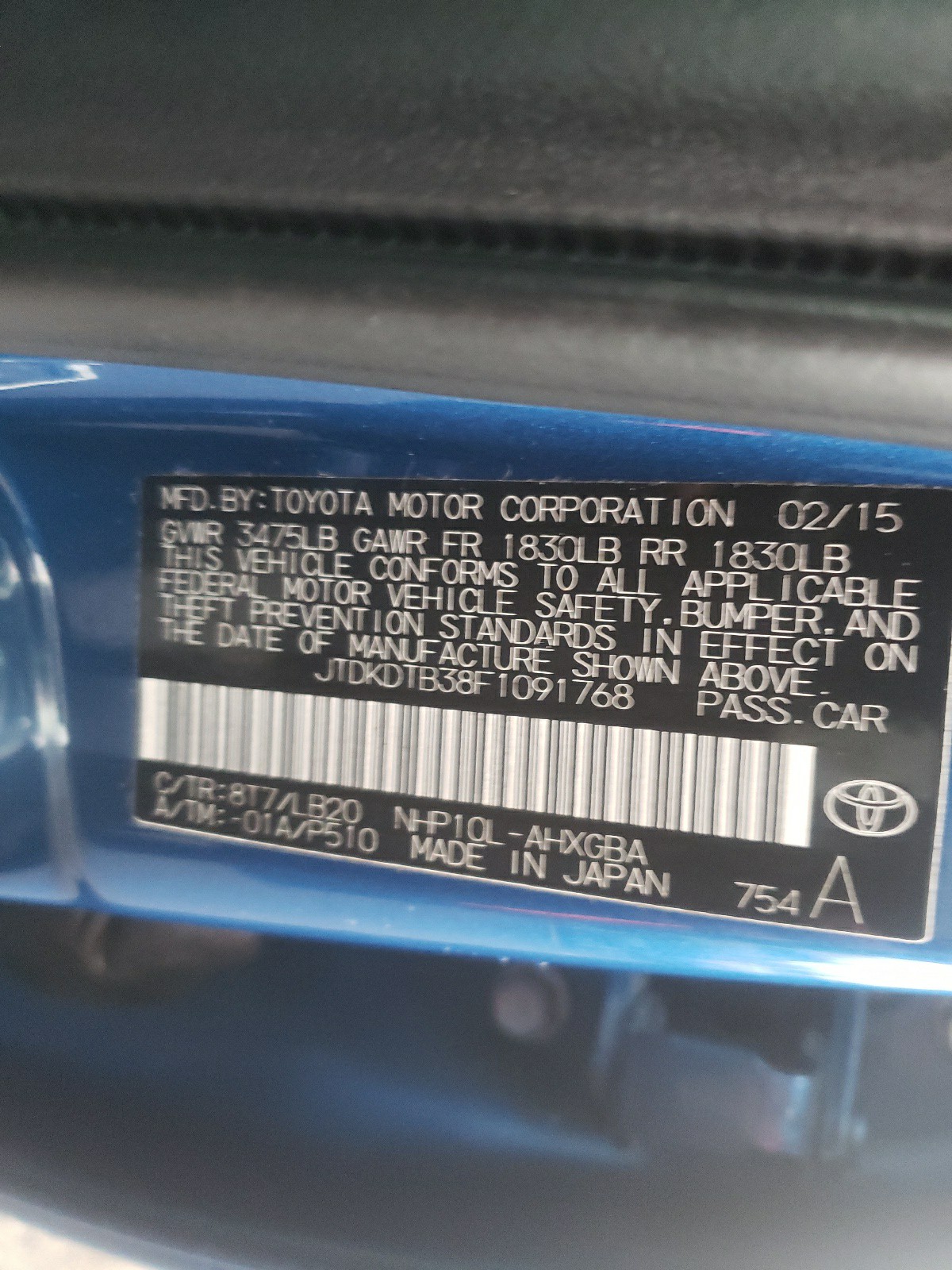 Photo 10 from auction – 2015 TOYOTA PRIUS C with VIN JTDKDTB38F1091768