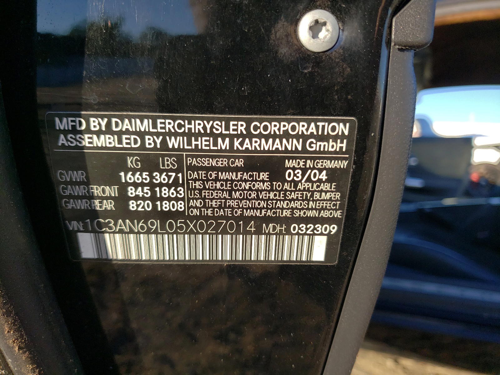 Photo 10 from auction – 2005 CHRYSLER CROSSFIRE with VIN 1C3AN69L05X027014