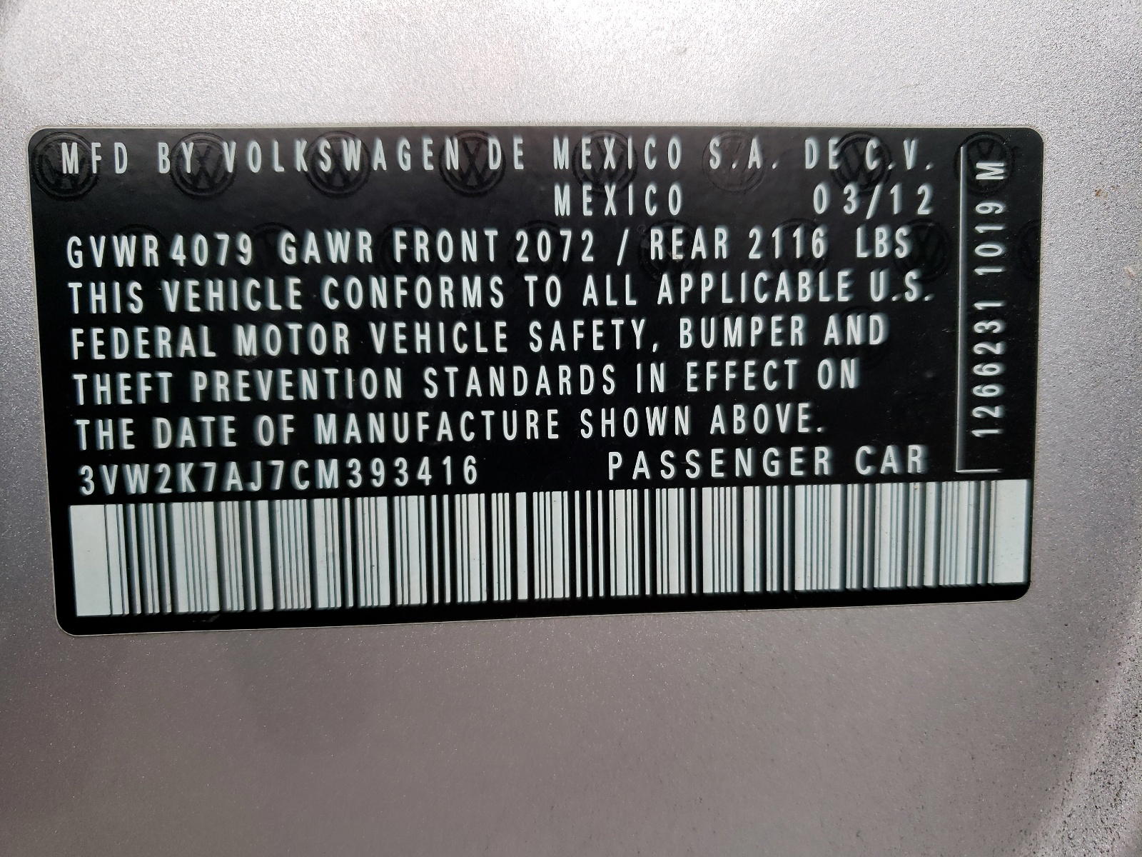 Photo 10 from auction – 2012 VOLKSWAGEN JETTA BASE with VIN 3VW2K7AJ7CM393416