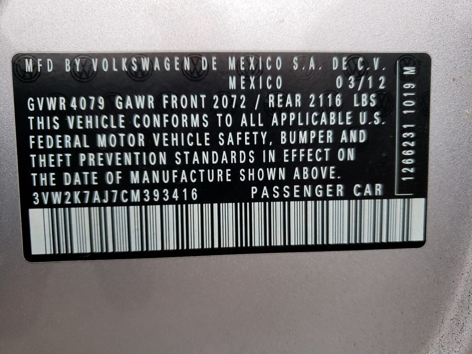 Zdjęcie 10 z aukcji – 2012 VOLKSWAGEN JETTA BASE z VIN 3VW2K7AJ7CM393416