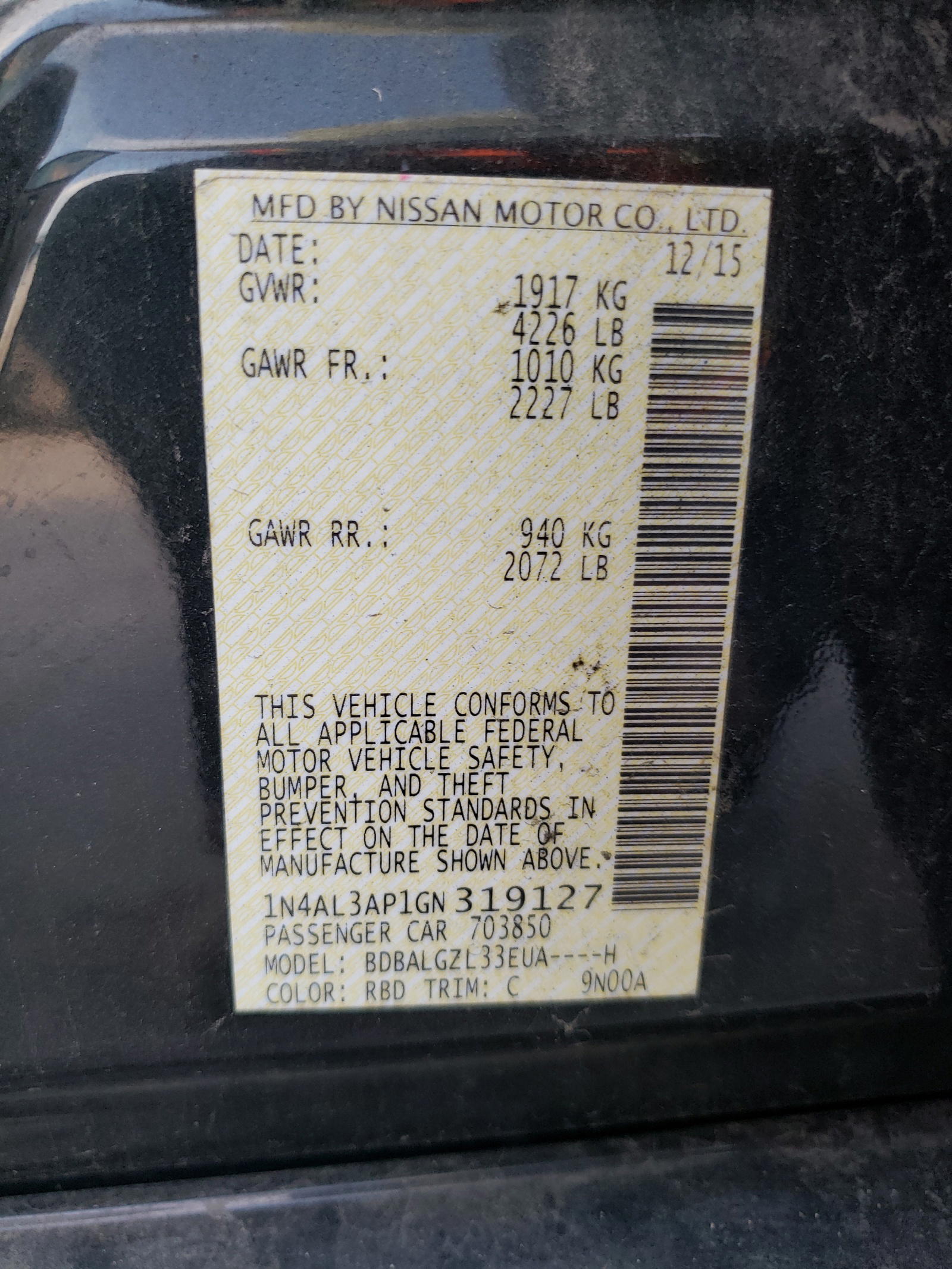 Photo 10 from auction – 2016 NISSAN ALTIMA 2.5 with VIN 1N4AL3AP1GN319127