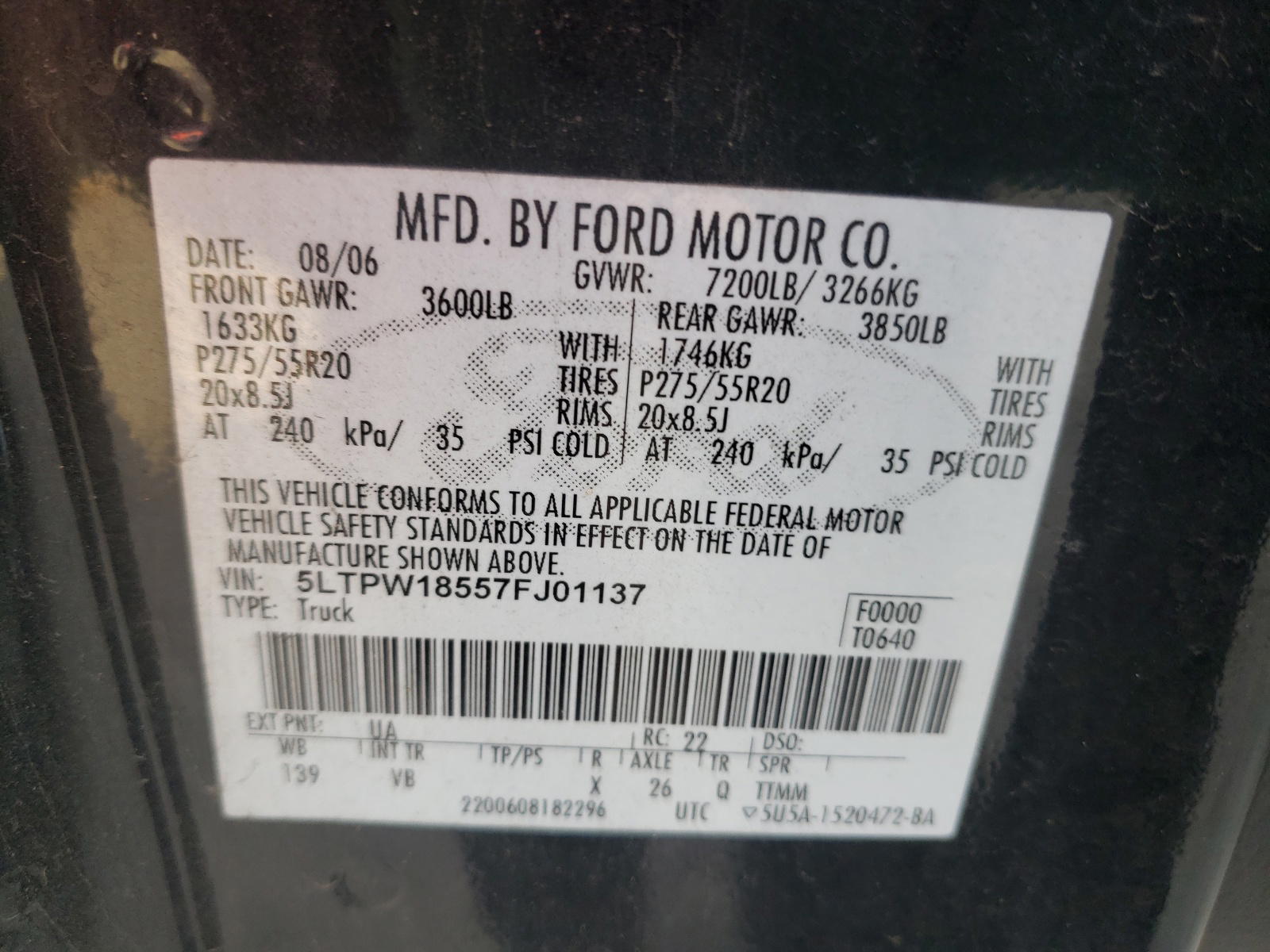 Photo 10 from auction – 2007 LINCOLN MARK LT with VIN 5LTPW18557FJ01137
