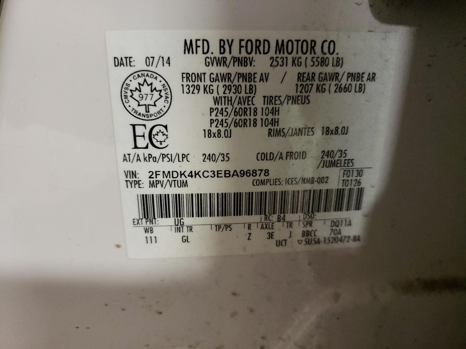 Photo 10 from auction – 2014 FORD EDGE LIMIT with VIN 2FMDK4KC3EBA96878