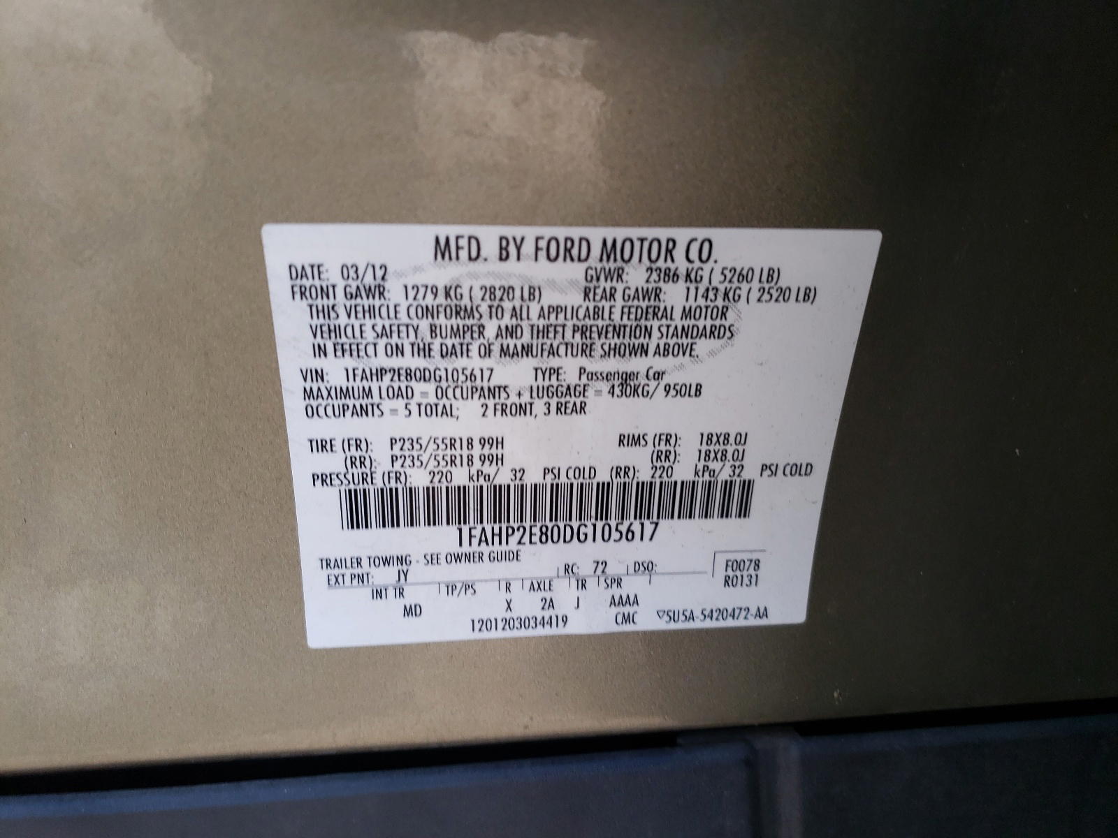 Photo 10 from auction – 2013 FORD TAURUS SEL with VIN 1FAHP2E80DG105617