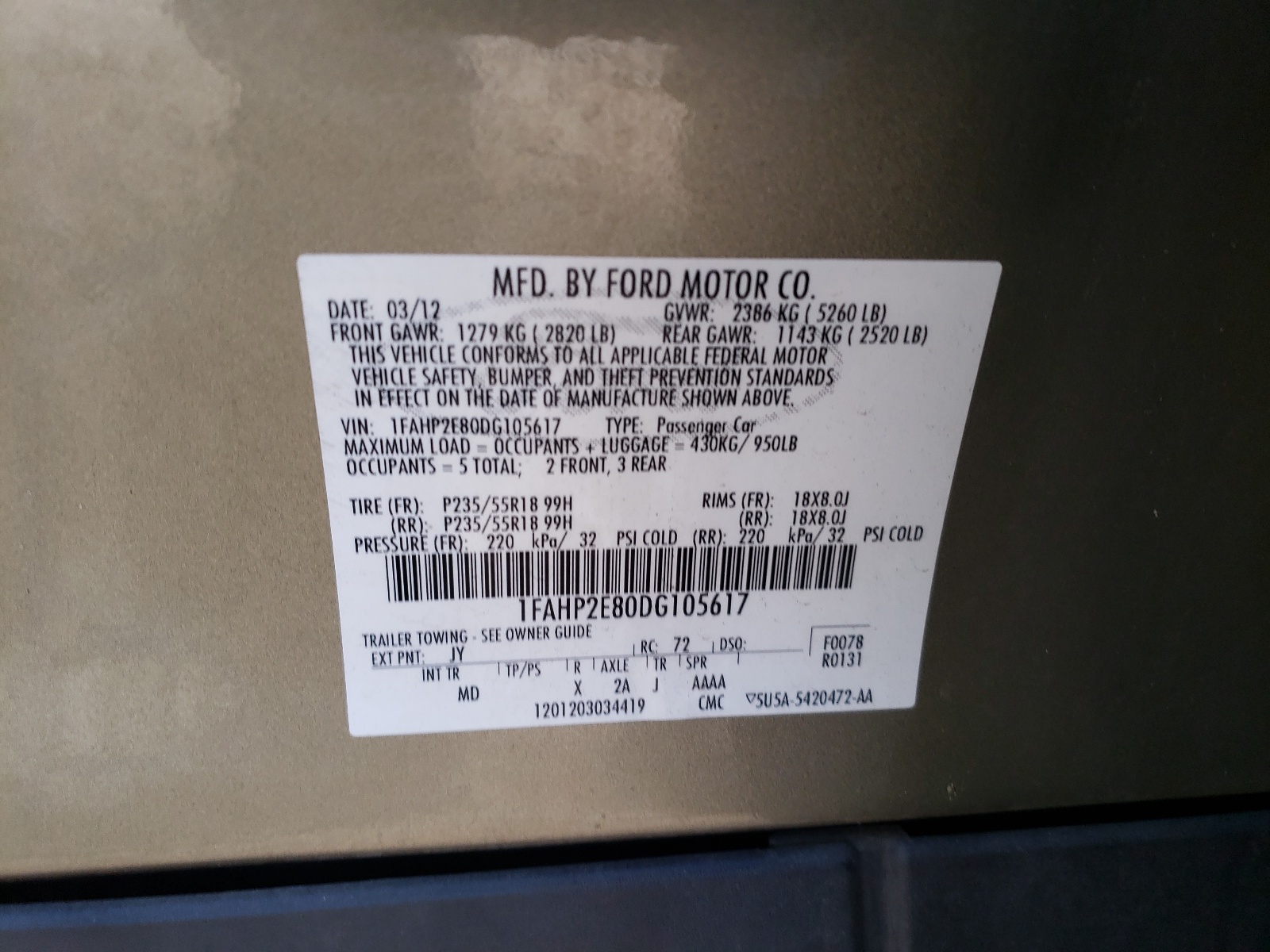 Фото 10 с аукциона – 2013 FORD TAURUS SEL с VIN 1FAHP2E80DG105617
