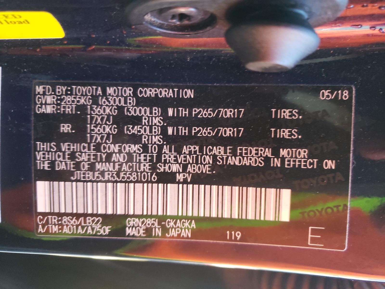 Photo 10 from auction – 2018 TOYOTA 4RUNNER SR with VIN JTEBU5JR3J5581016
