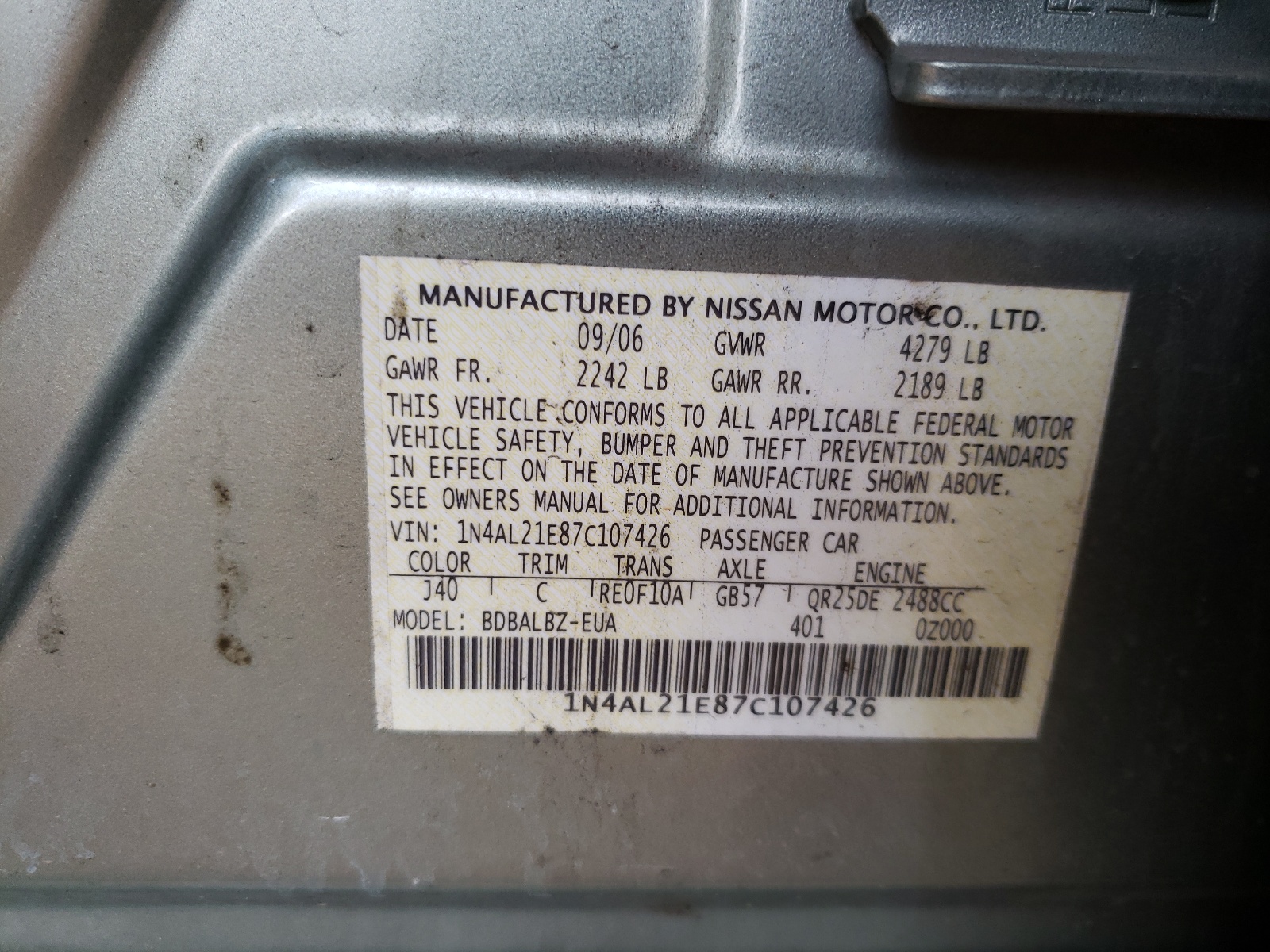 Photo 10 from auction – 2007 NISSAN ALTIMA 2.5 with VIN 1N4AL21E87C107426