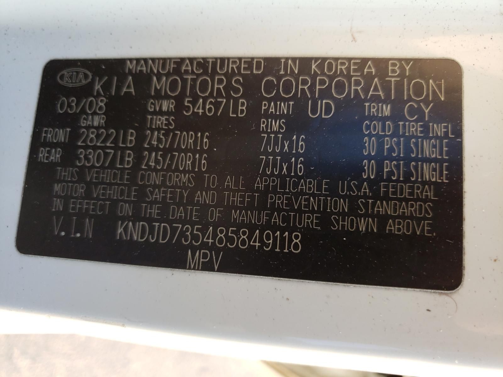 Photo 10 from auction – 2008 KIA SORENTO EX with VIN KNDJD735485849118