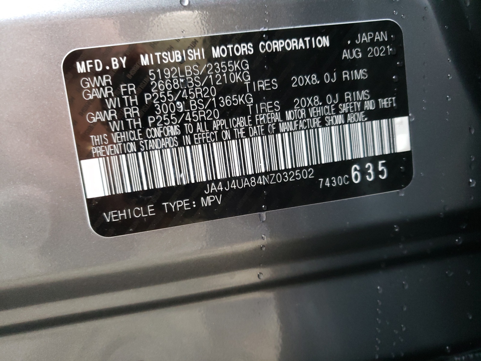 Photo 10 from auction – 2022 MITSUBISHI OUTLANDER with VIN JA4J4UA84NZ032502