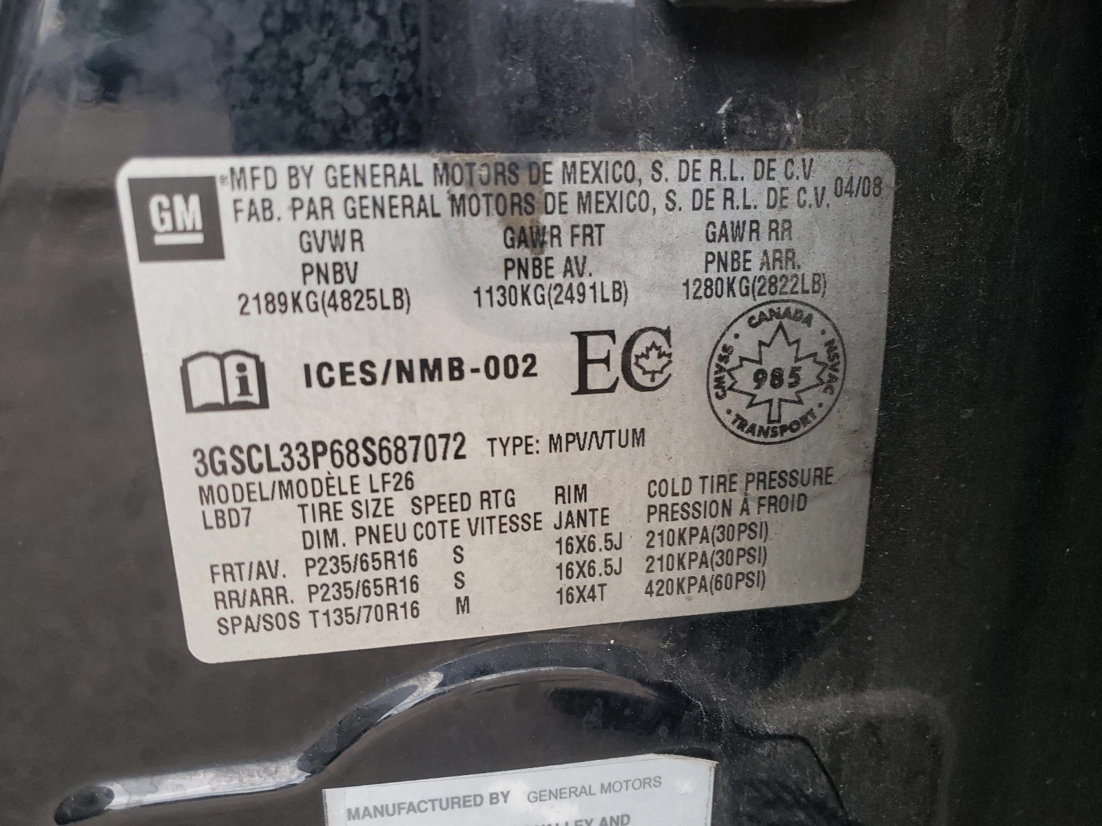 Photo 10 from auction – 2008 SATURN VUE XE with VIN 3GSCL33P68S687072