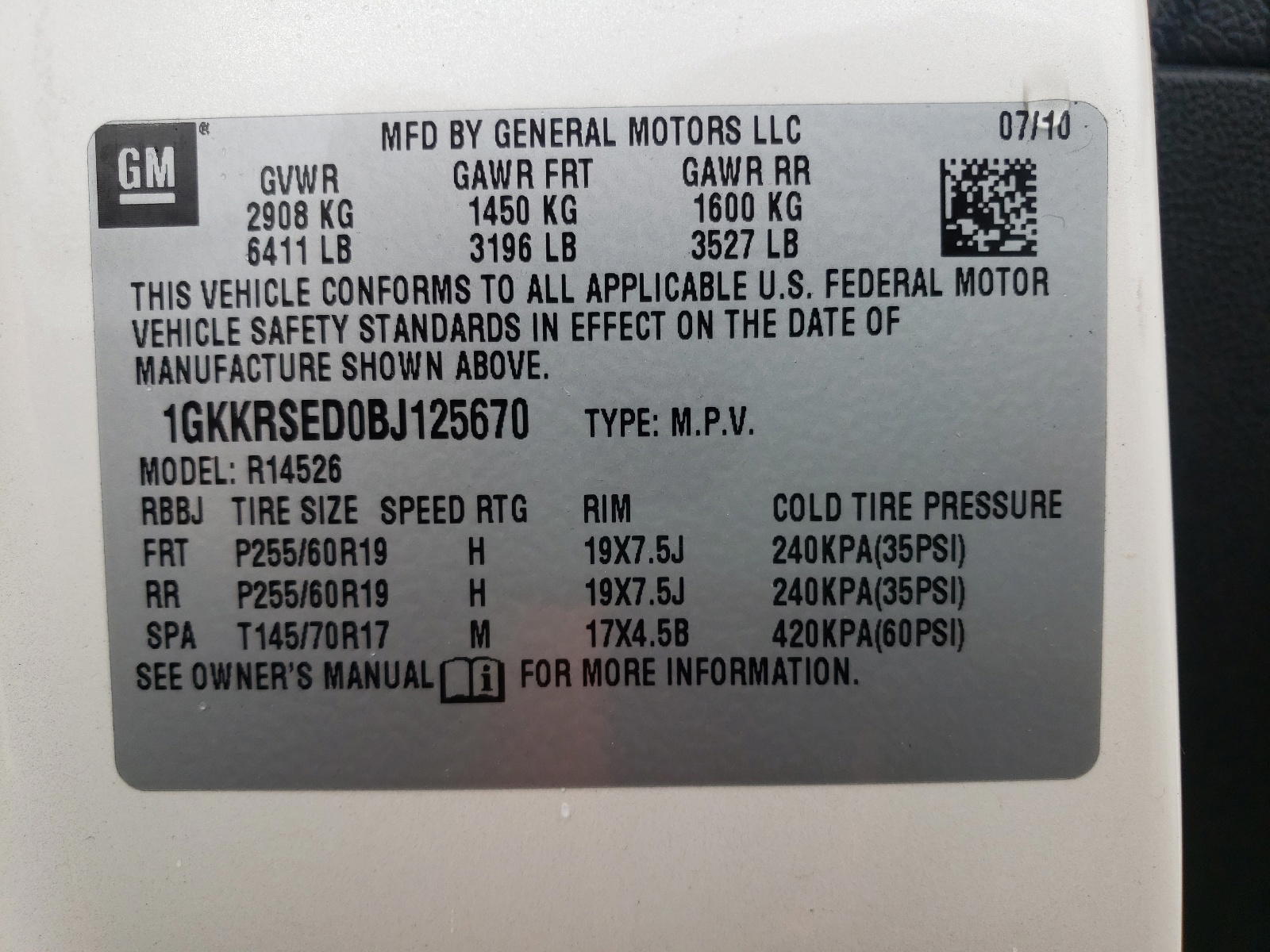 Photo 10 from auction – 2011 GMC ACADIA SLT with VIN 1GKKRSED0BJ125670