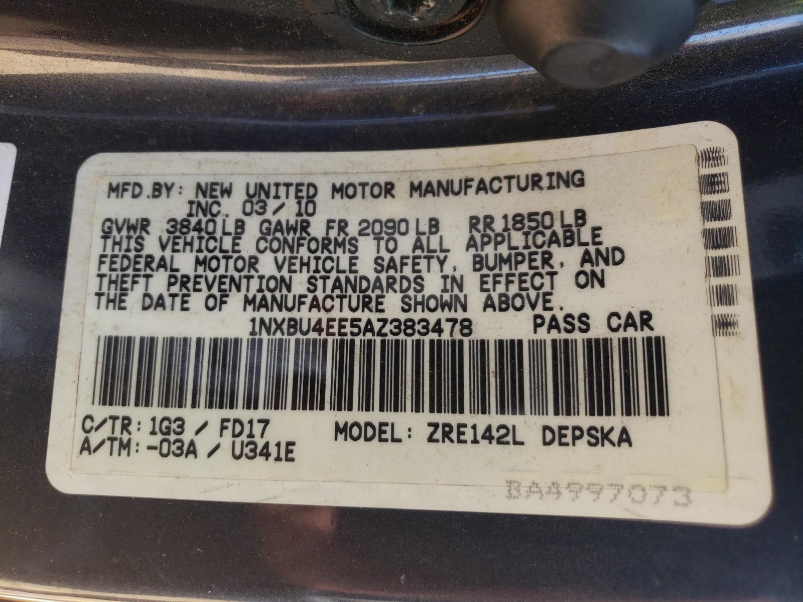 Photo 10 from auction – 2010 TOYOTA COROLLA BA with VIN 1NXBU4EE5AZ383478