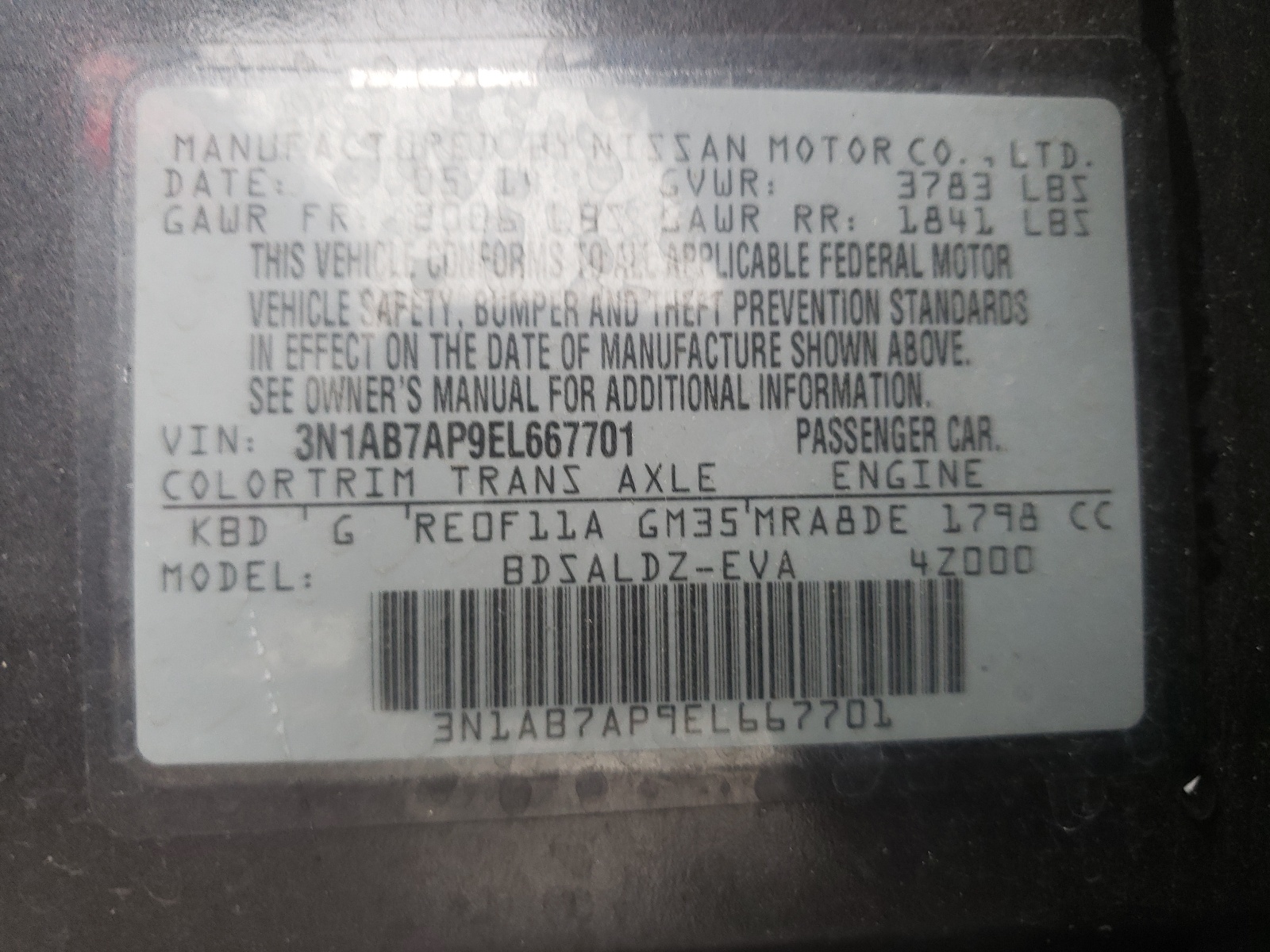 Photo 10 from auction – 2014 NISSAN SENTRA S with VIN 3N1AB7AP9EL667701