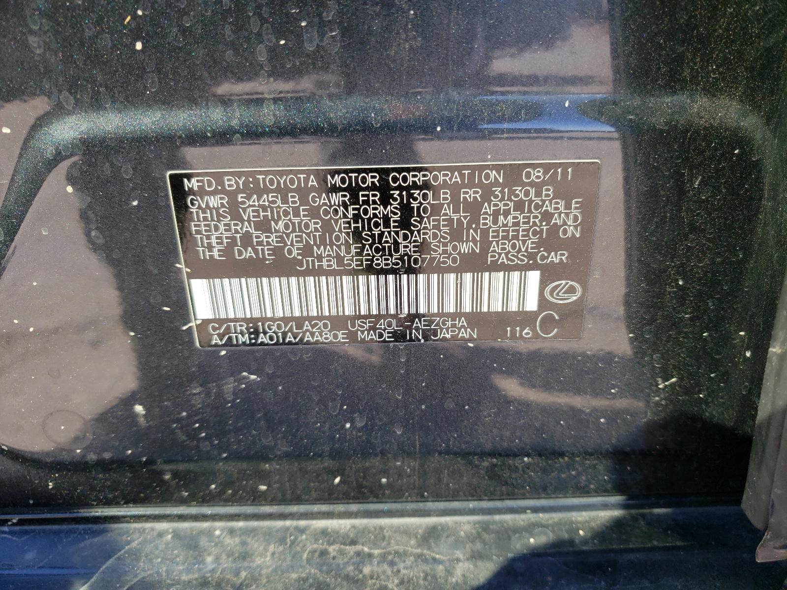 Photo 10 from auction – 2011 LEXUS LS 460 with VIN JTHBL5EF8B5107750