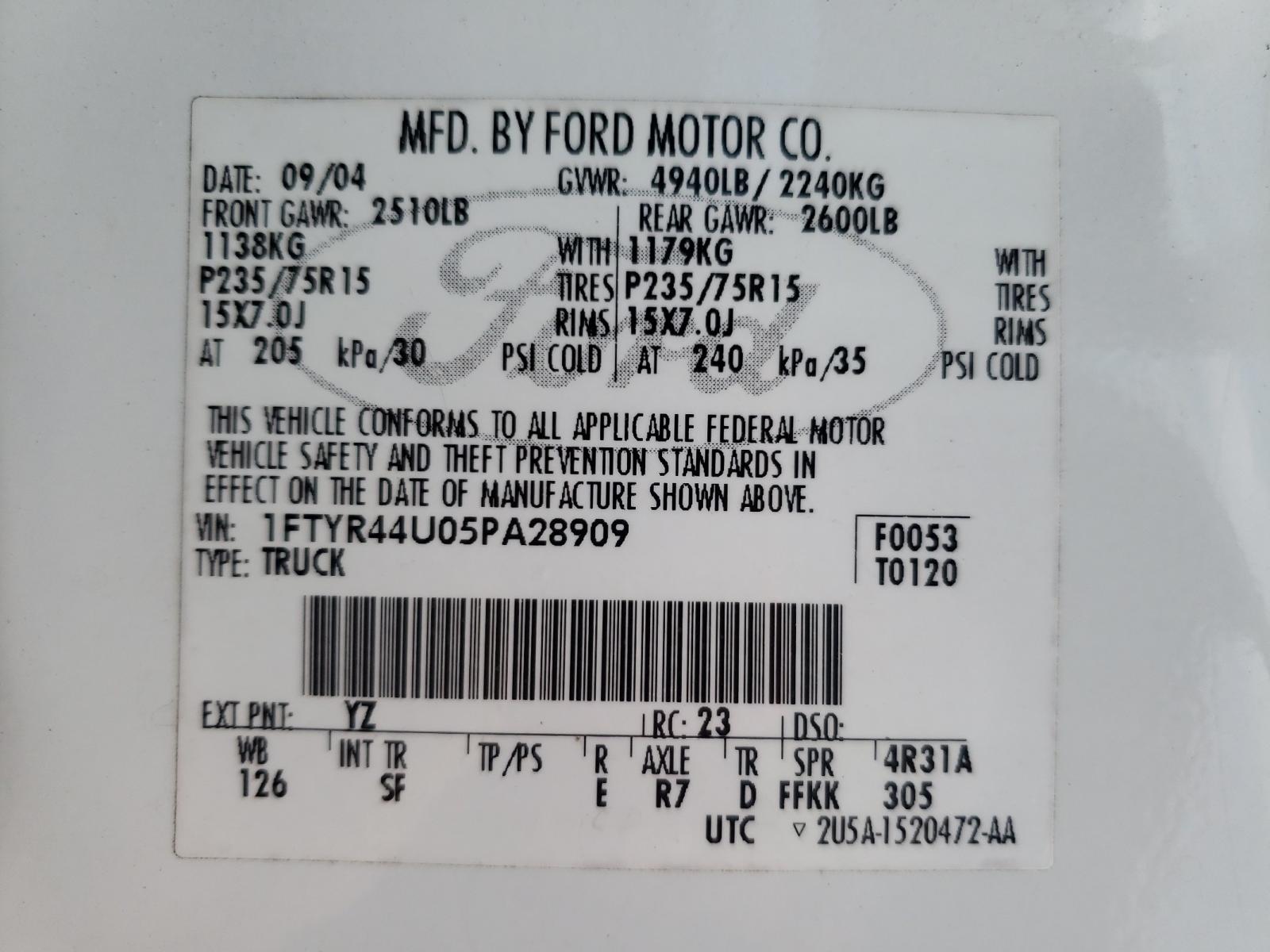 Photo 10 from auction – 2005 FORD RANGER SUP with VIN 1FTYR44U05PA28909