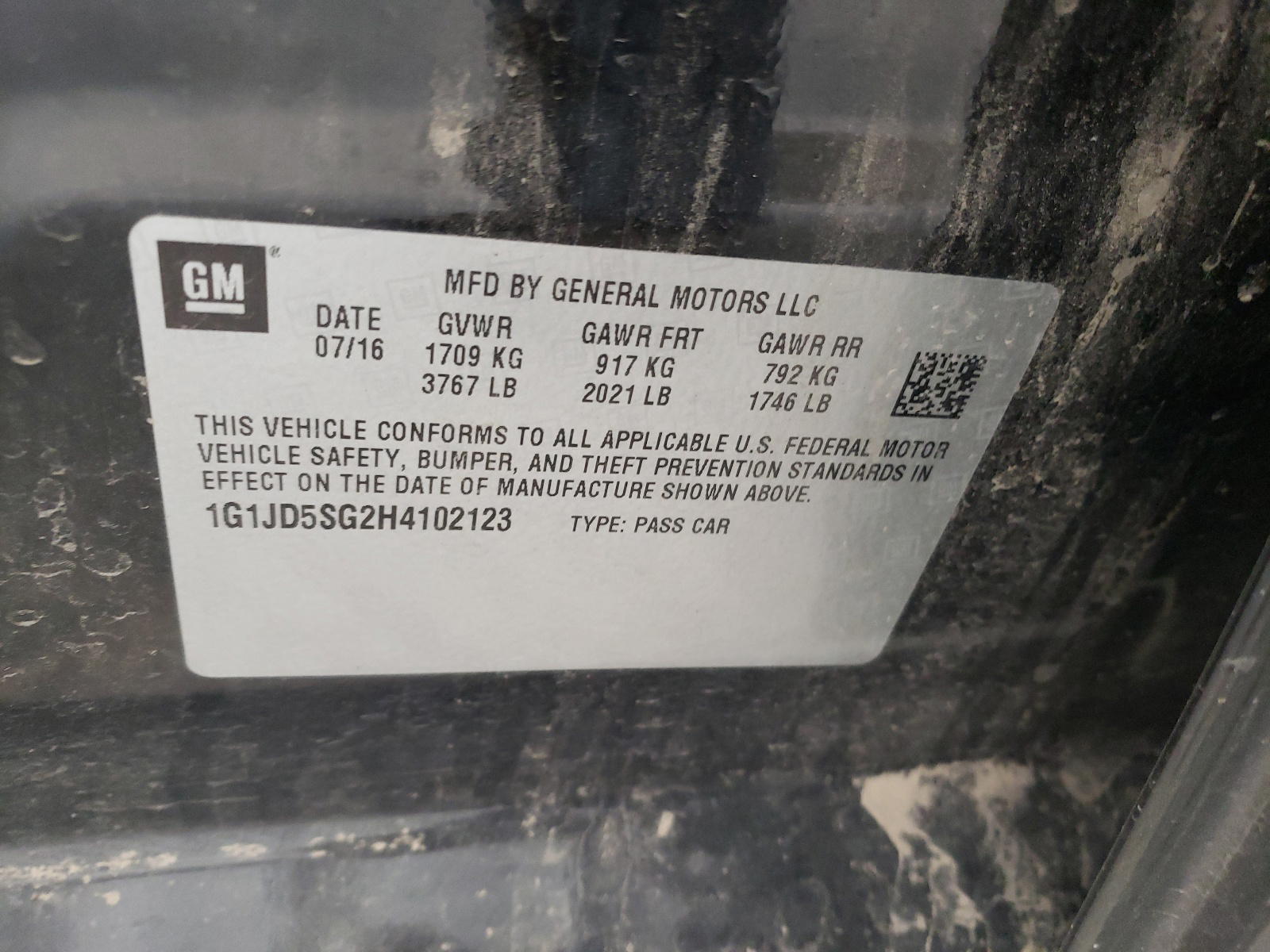 Photo 10 from auction – 2017 CHEVROLET SONIC LT with VIN 1G1JD5SG2H4102123