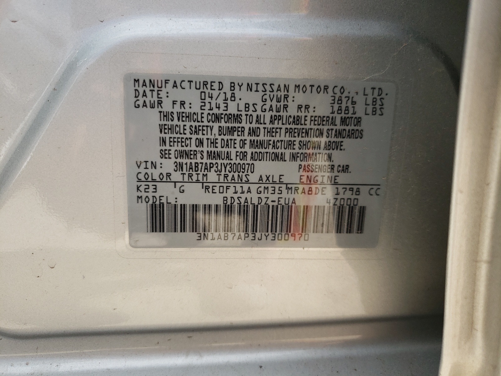 Photo 10 from auction – 2018 NISSAN SENTRA S with VIN 3N1AB7AP3JY300970