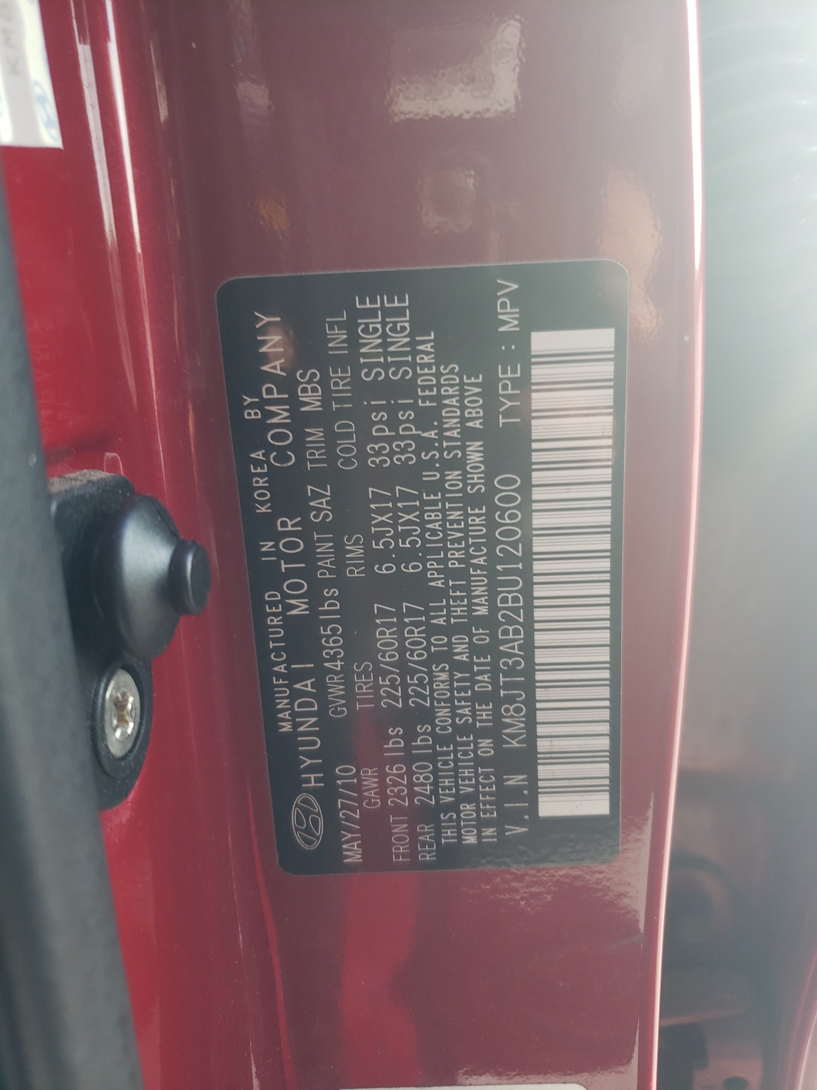 Photo 10 from auction – 2011 HYUNDAI TUCSON GL with VIN KM8JT3AB2BU120600