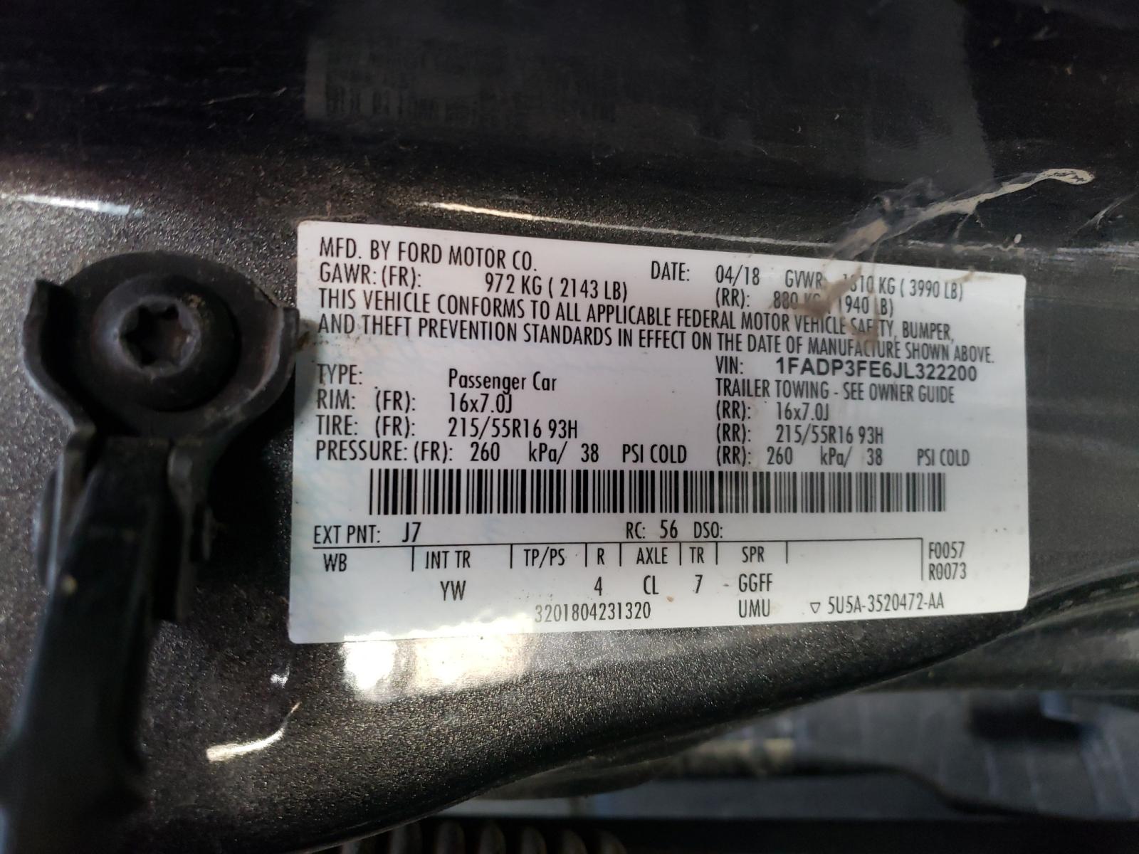 Photo 10 from auction – 2018 FORD FOCUS SE with VIN 1FADP3FE6JL322200